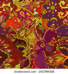 Tracery seamless pattern. Mehndi design. Ethnic colorful doodle texture. Curved doodling background. Vector