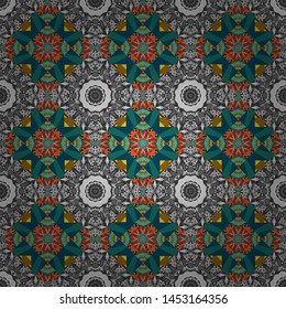 Tracery seamless pattern. Mehndi design. Curved doodling in brown, blue and gray colors. Ethnic binary doodle texture. Vector illustration.