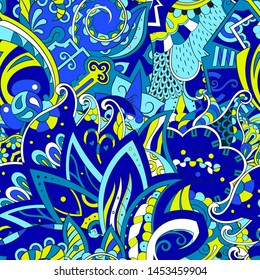 Tracery seamless pattern. Mehndi design. Ethnic colorful doodle texture. Curved doodling background. Vector