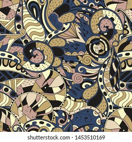Tracery seamless pattern. Mehndi design. Ethnic colorful doodle texture. Curved doodling background. Vector