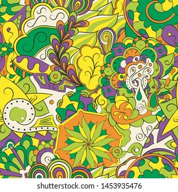 Tracery seamless pattern. Mehndi design. Ethnic colorful doodle texture. Curved doodling background. Vector