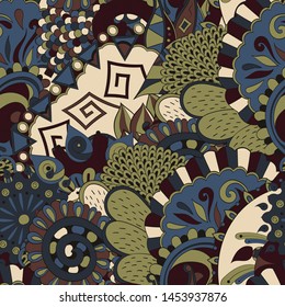 Tracery seamless pattern. Mehndi design. Ethnic colorful doodle texture. Curved doodling background. Vector