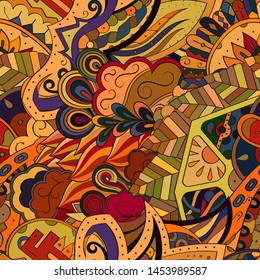 Tracery seamless pattern. Mehndi design. Ethnic colorful doodle texture. Curved doodling background. Vector