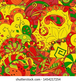 Tracery seamless pattern. Mehndi design. Ethnic colorful doodle texture. Curved doodling background. Vector
