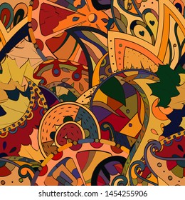 Tracery seamless pattern. Mehndi design. Ethnic colorful doodle texture. Curved doodling background. Vector