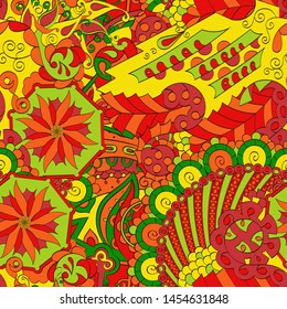Tracery seamless pattern. Mehndi design. Ethnic colorful doodle texture. Curved doodling background. Vector