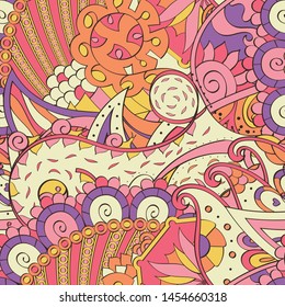 Tracery seamless pattern. Mehndi design. Ethnic colorful doodle texture. Curved doodling background. Vector