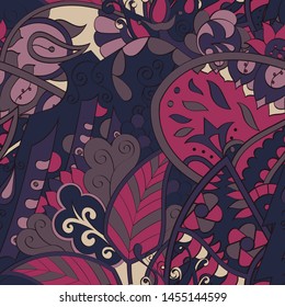 Tracery seamless pattern. Mehndi design. Ethnic colorful doodle texture. Curved doodling background. Vector