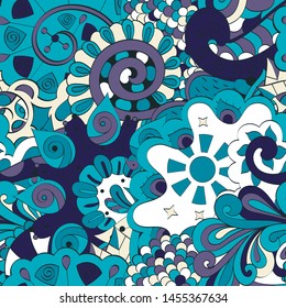 Tracery seamless pattern. Mehndi design. Ethnic colorful doodle texture. Curved doodling background. Vector