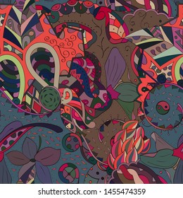 Tracery seamless pattern. Mehndi design. Ethnic colorful doodle texture. Curved doodling background. Vector