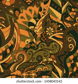 Tracery seamless pattern. Mehndi design. Ethnic colorful doodle texture. Curved doodling background. Vector