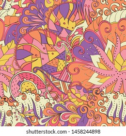 Tracery seamless pattern. Mehndi design. Ethnic colorful doodle texture. Curved doodling background. Vector