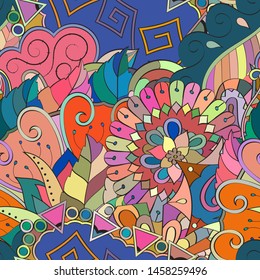 Tracery seamless pattern. Mehndi design. Ethnic colorful doodle texture. Curved doodling background. Vector