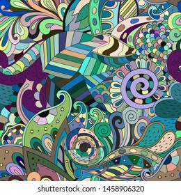 Tracery seamless pattern. Mehndi design. Ethnic colorful doodle texture. Curved doodling background. Vector