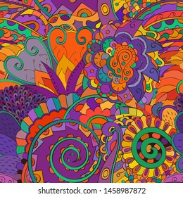 Tracery seamless pattern. Mehndi design. Ethnic colorful doodle texture. Curved doodling background. Vector