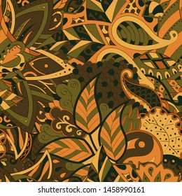 Tracery seamless pattern. Mehndi design. Ethnic colorful doodle texture. Curved doodling background. Vector