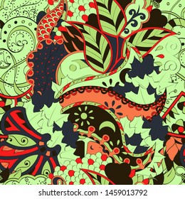 Tracery seamless pattern. Mehndi design. Ethnic colorful doodle texture. Curved doodling background. Vector
