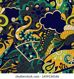 Tracery seamless pattern. Mehndi design. Ethnic colorful doodle texture. Curved doodling background. Vector