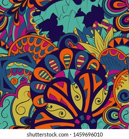 Tracery seamless pattern. Mehndi design. Ethnic colorful doodle texture. Curved doodling background. Vector