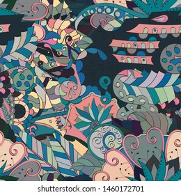 Tracery seamless pattern. Mehndi design. Ethnic colorful doodle texture. Curved doodling background. Vector
