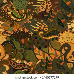 Tracery seamless pattern. Mehndi design. Ethnic colorful doodle texture. Curved doodling background. Vector