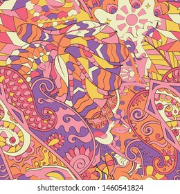 Tracery seamless pattern. Mehndi design. Ethnic colorful doodle texture. Curved doodling background. Vector