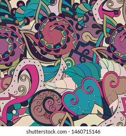 Tracery seamless pattern. Mehndi design. Ethnic colorful doodle texture. Curved doodling background. Vector