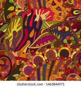 Tracery seamless pattern. Mehndi design. Ethnic colorful doodle texture. Curved doodling background. Vector