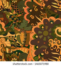 Tracery seamless pattern. Mehndi design. Ethnic colorful doodle texture. Curved doodling background. Vector
