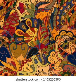 Tracery seamless pattern. Mehndi design. Ethnic colorful doodle texture. Curved doodling background. Vector
