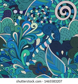 Tracery seamless pattern. Mehndi design. Ethnic colorful doodle texture. Curved doodling background. Vector