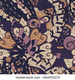 Tracery seamless pattern. Mehndi design. Ethnic colorful doodle texture. Curved doodling background. Vector