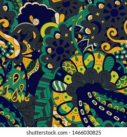 Tracery seamless pattern. Mehndi design. Ethnic colorful doodle texture. Curved doodling background. Vector