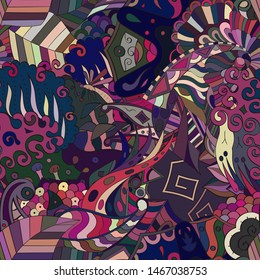 Tracery seamless pattern. Mehndi design. Ethnic colorful doodle texture. Curved doodling background. Vector