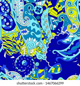 Tracery seamless pattern. Mehndi design. Ethnic colorful doodle texture. Curved doodling background. Vector