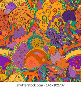 Tracery seamless pattern. Mehndi design. Ethnic colorful doodle texture. Curved doodling background. Vector