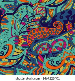 Tracery seamless pattern. Mehndi design. Ethnic colorful doodle texture. Curved doodling background. Vector