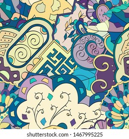 Tracery seamless pattern. Mehndi design. Ethnic colorful doodle texture. Curved doodling background. Vector