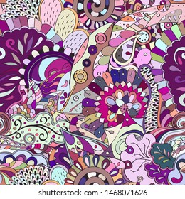 Tracery seamless pattern. Mehndi design. Ethnic colorful doodle texture. Curved doodling background. Vector