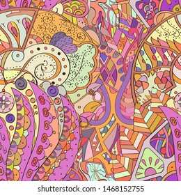 Tracery seamless pattern. Mehndi design. Ethnic colorful doodle texture. Curved doodling background. Vector