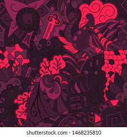 Tracery seamless pattern. Mehndi design. Ethnic colorful doodle texture. Curved doodling background. Vector