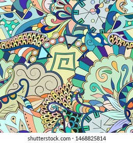Tracery seamless pattern. Mehndi design. Ethnic colorful doodle texture. Curved doodling background. Vector