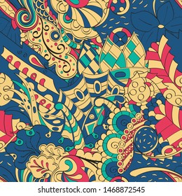 Tracery seamless pattern. Mehndi design. Ethnic colorful doodle texture. Curved doodling background. Vector