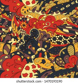 Tracery seamless pattern. Mehndi design. Ethnic colorful doodle texture. Curved doodling background. Vector