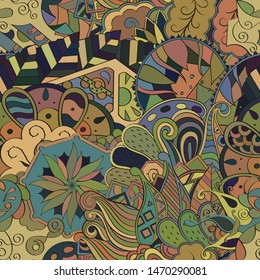 Tracery seamless pattern. Mehndi design. Ethnic colorful doodle texture. Curved doodling background. Vector