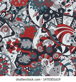 Tracery seamless pattern. Mehndi design. Ethnic colorful doodle texture. Curved doodling background. Vector