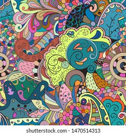 Tracery seamless pattern. Mehndi design. Ethnic colorful doodle texture. Curved doodling background. Vector