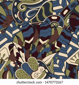 Tracery seamless pattern. Mehndi design. Ethnic colorful doodle texture. Curved doodling background. Vector