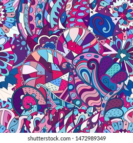 Tracery seamless pattern. Mehndi design. Ethnic colorful doodle texture. Curved doodling background. Vector