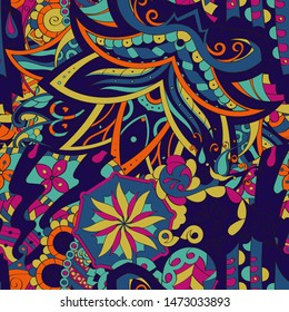 Tracery seamless pattern. Mehndi design. Ethnic colorful doodle texture. Curved doodling background. Vector